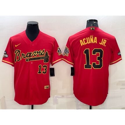 Men's Atlanta Braves #13 Ronald Acuna Jr.  Red Gold Cool Base Stitched Baseball Jersey