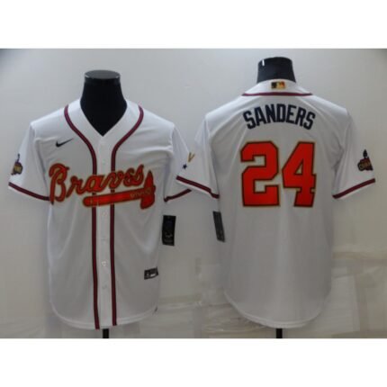 Men's Atlanta Braves #24 Deion Sanders 2022 White/Gold World Series Champions Program Cool Base Stitched Baseball Jersey