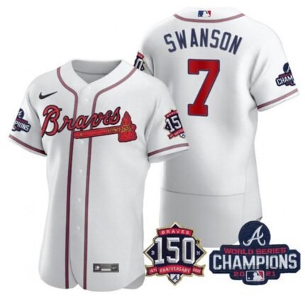 Men's Atlanta Braves #7 Dansby Swanson 2021 White World Series Champions With 150th Anniversary Flex Base Stitched Jersey