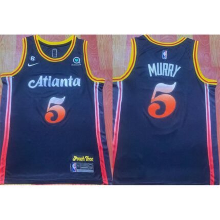 Men's Atlanta Hawks #5 Dejounte Murray Black 2022/23 City Edition With NO.6 Patch Stitched Jersey