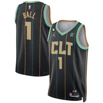 Men's Charlotte Hornets #1 LaMelo Ball Black 2022/23 City Edition No.6 Patch Stitched Basketball Jersey