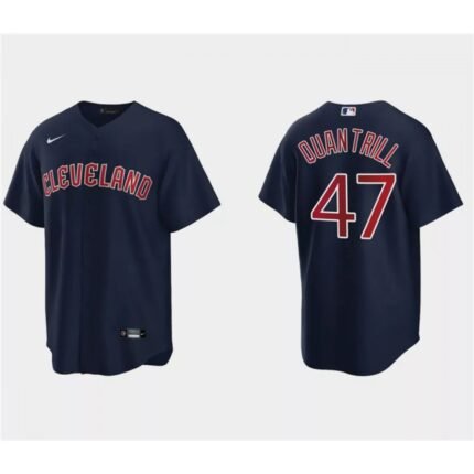 Men's Cleveland Guardians #47 Cal Quantrill Navy Cool Base Stitched Jersey
