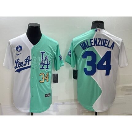 Men's Los Angeles Dodgers #34 Fernando Valenzuela 2022 All-Star White/Green Cool Base Stitched Baseball Jersey