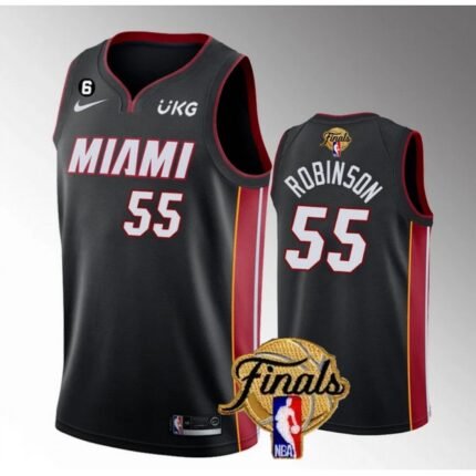 Men's Miami Heat #55 Duncan Robinson Black 2023 Finals Icon Edition With NO.6 Patch Stitched Basketball Jersey