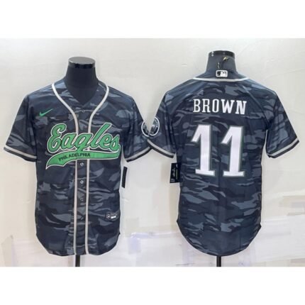 Men's Philadelphia Eagles #11 A. J. Brown Grey Camo With Patch Cool Base Stitched Baseball Jersey