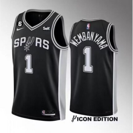 Men's San Antonio Spurs #1 Victor Wembanyama Black 2022/23 Icon Edition With NO.6 Patch Stitched Basketball Jersey