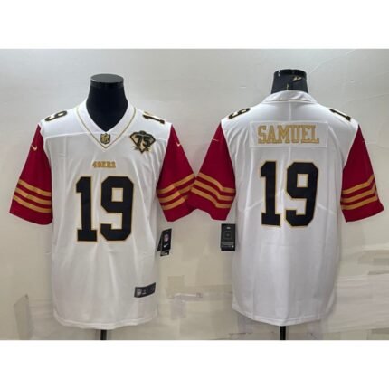 Men's San Francisco 49ers #19 Deebo Samuel White Gold With 75th Anniversary Patch Stitched Jersey
