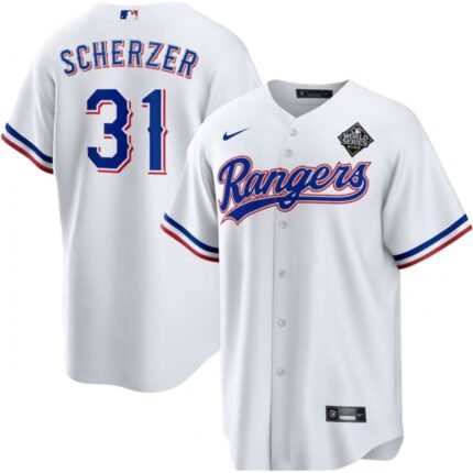 Men's Texas Rangers #31 Max Scherzer 2023 White World Series Stitched Baseball  Jersey