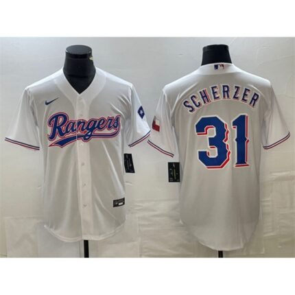 Men's Texas Rangers #31 Max Scherzer White With Patch Cool Base Stitched Baseball Jersey
