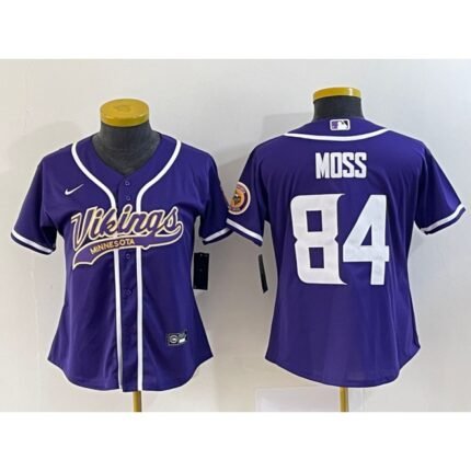 Women's Minnesota Vikings #84 Randy Moss Purple With Patch Cool Base Stitched Baseball Jersey(Run Small)